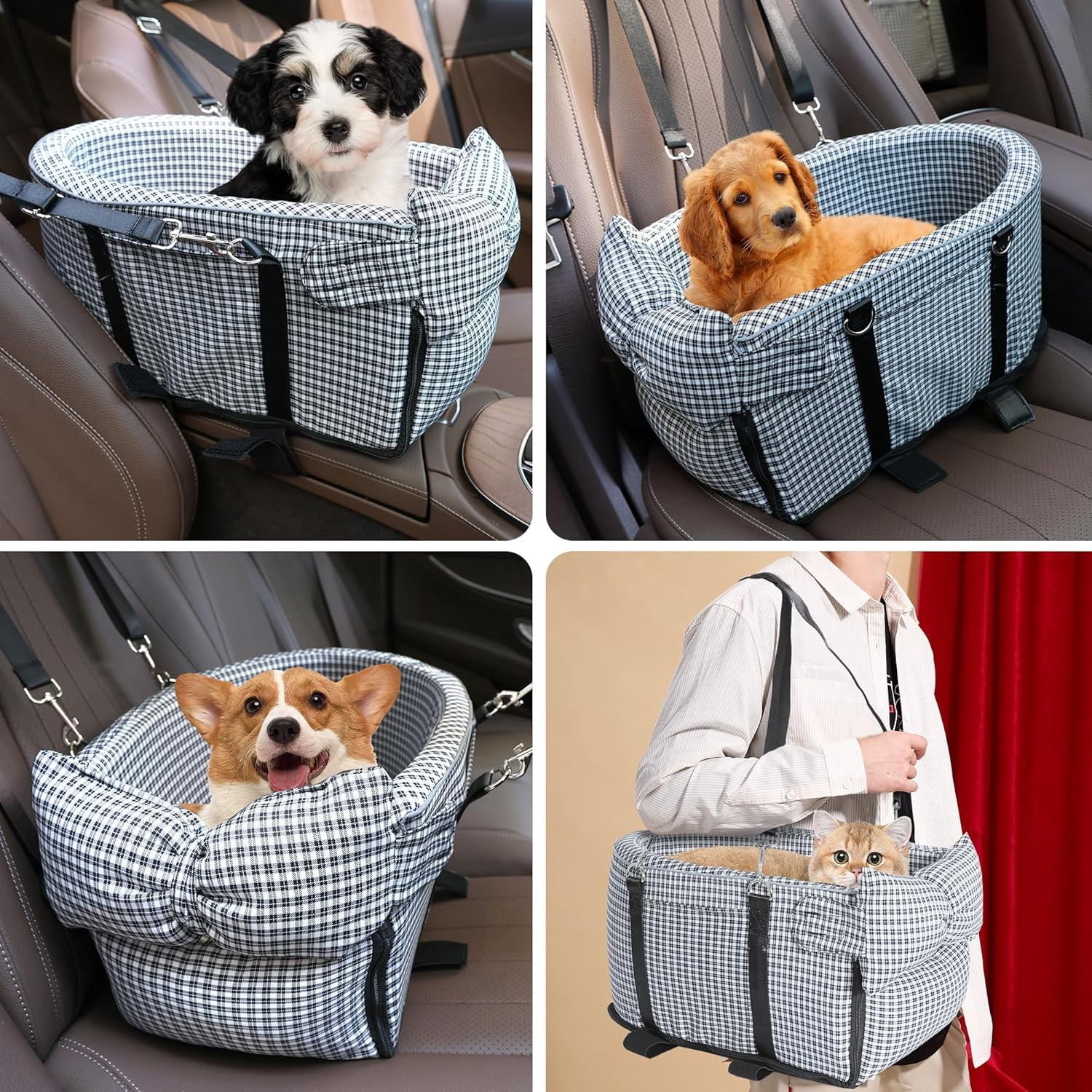 Sparklane - Center Console Dog Car Seat Dog Bed for Car Console Portable Armrest Booster Seat Carrier for Small Medium Dogs Anti-Collapse for Puppy Pet Up to 15 Lbs（Grid Black）
