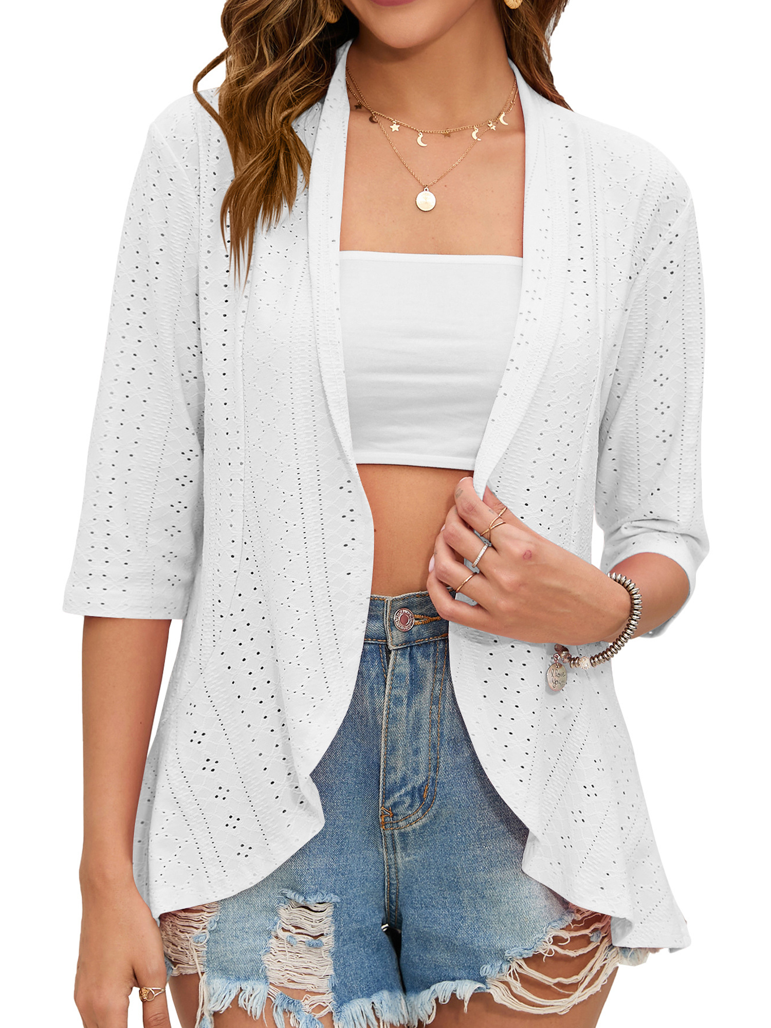 Frontwalk Ladies Blouse 3/4 Sleeve Cardigan Open Front Cover Up Women