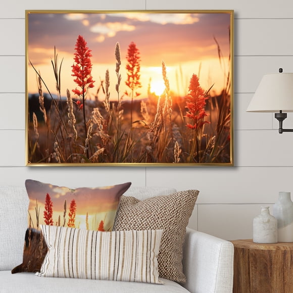Designart Multi-Color Traditional Gold framed wall art, Wildflowers framed wall Art, Sunset Over the Wildflower Fields , Wildflowers framed wall art decor, 40x30 inches Gold Frame
