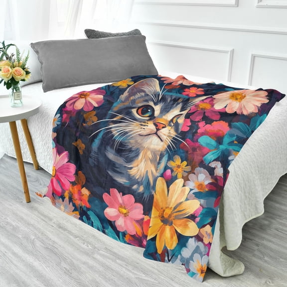 YAZAOO Travel Blanket Camping Blankets Fashion Cat Peeking Through Flowers Patten