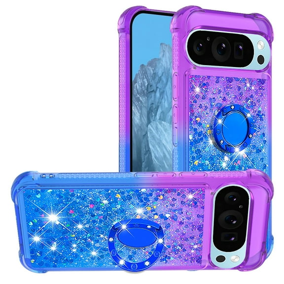 Phone Case for Google Pixel 10/Pixel 10 Pro Case with Ring Kickstand, Cute Glitter Bling Sparkle Quicksand Flowing Liquid Clear Gel Silicone ShockProof Phone Cover-B4