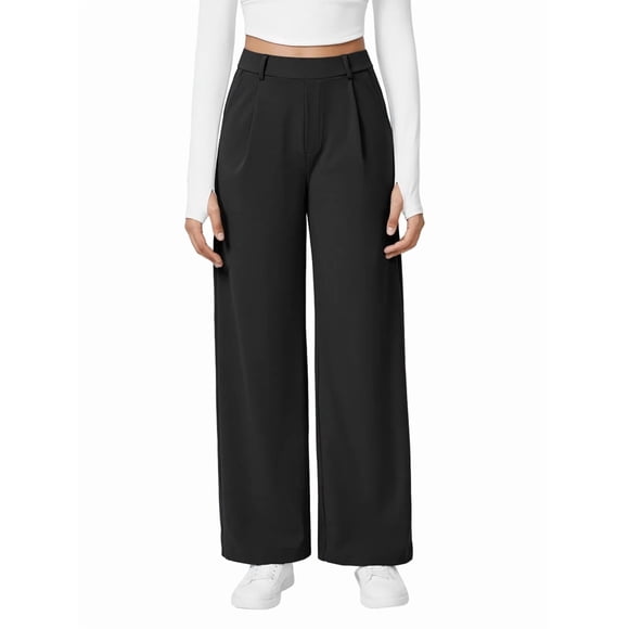 Womens Dress Pants Wide Leg Pull on Stretchy Work Pants Women Business Casual Trousers with Pockets Black L
