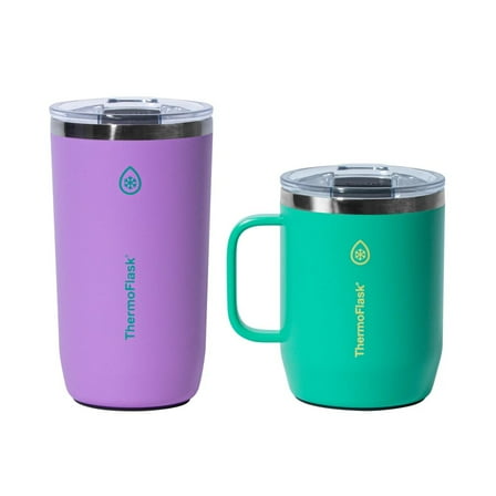 ThermoFlask Stainless Steel Insulated Coffee Mug Set, 2 Pack (Purple/Green)