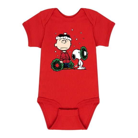 Peanuts - Holidays - Charlie Brown & Snoopy Hanging Wreaths - Infant Baby One Piece