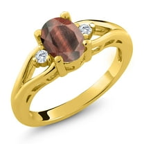 Gem Stone King 18K Yellow Gold Plated Silver Red Tiger Eye and White Moissanite 3 Stone Engagement Ring for Women | 1.33 Cttw | Oval 8X6MM | Round 2MM | Gemstone Birthstone | Size 5