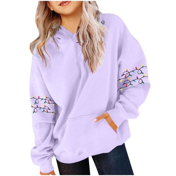 Lorytime Christmas Hoodies for Girls Boys Printed Sweatshirt Long Sleeve Tops with Pocket Drop Shoulder Pullover Purple