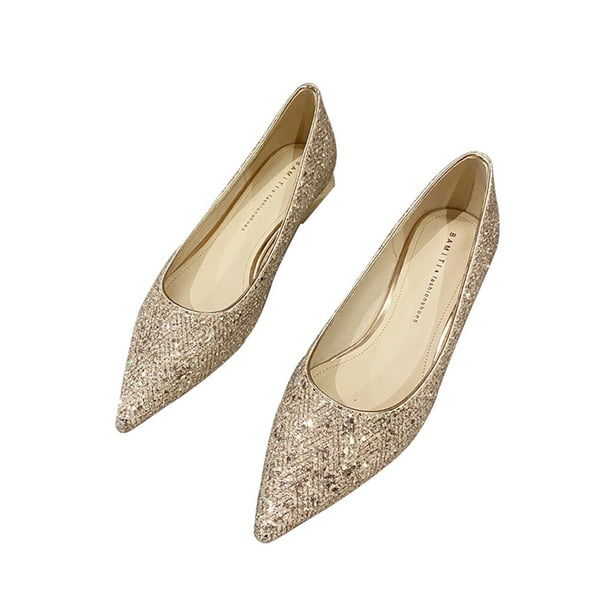 2pieces Womens Leather Wear resistant Shoes Women Wedding Flat women flats Fiber Sequin Shoes Women Comfortable Care Court Women champagne 36