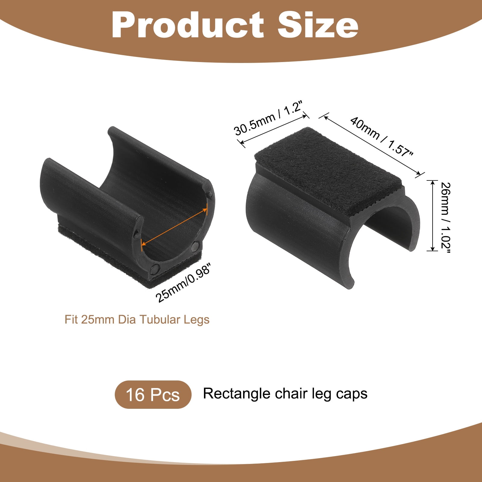 16 Pack Rectangle U Shaped Chair Leg Caps with Felt Pads, Fit 25mm Dia Tubular Legs, Slide Smoothly Furniture Feet Protector No Scratches No Noise for Hardwood Floors, Black