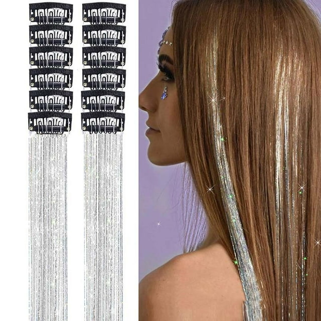 12 piezas de extensiones de cabello sin costuras, cinta dorada brillante, cabello liso de seda, peluca, simulación de cabello, cinta láser