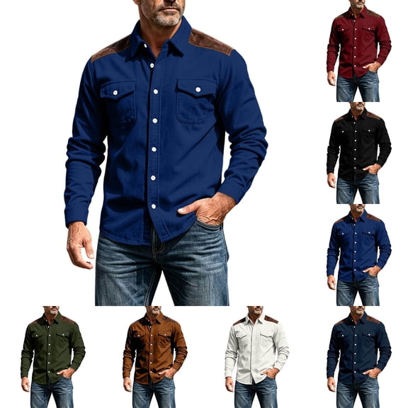 Men's Casual Splicing Corduroy Button Up Shirt Classic Fit Long Sleeve Fall Winter Top with Utility Pockets