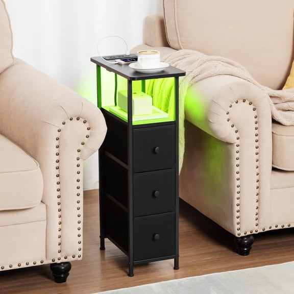 Narrow End Tables Set of 2 with Charging Station, Skinny Side Table with Fabric Drawers, Slim LED Nightstand for Bedroom Small Spaces Couch Black HETNDP03LBK