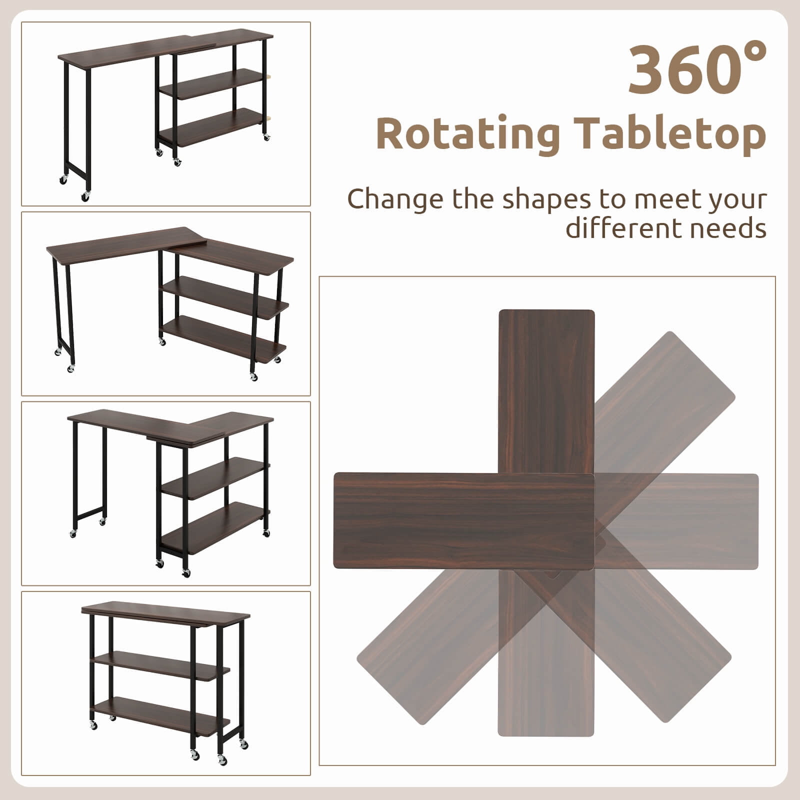 Costway 360° Rotatable Sofa Side Table L-shaped Laptop Desk Snack Table withShelf Patented Walnut