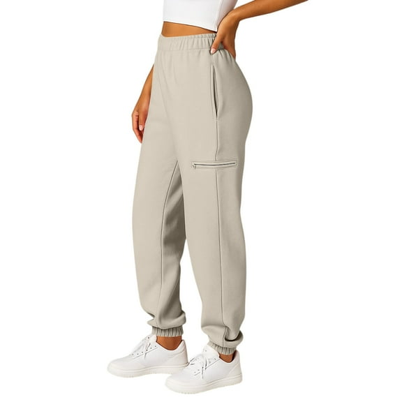 Women's Zippered Pocket Sweatpants, Elastic Waist Casual Lounge Pants with Side Pockets, Comfortable Pull-On Joggers for Home Wear and Daily Activities Beige L