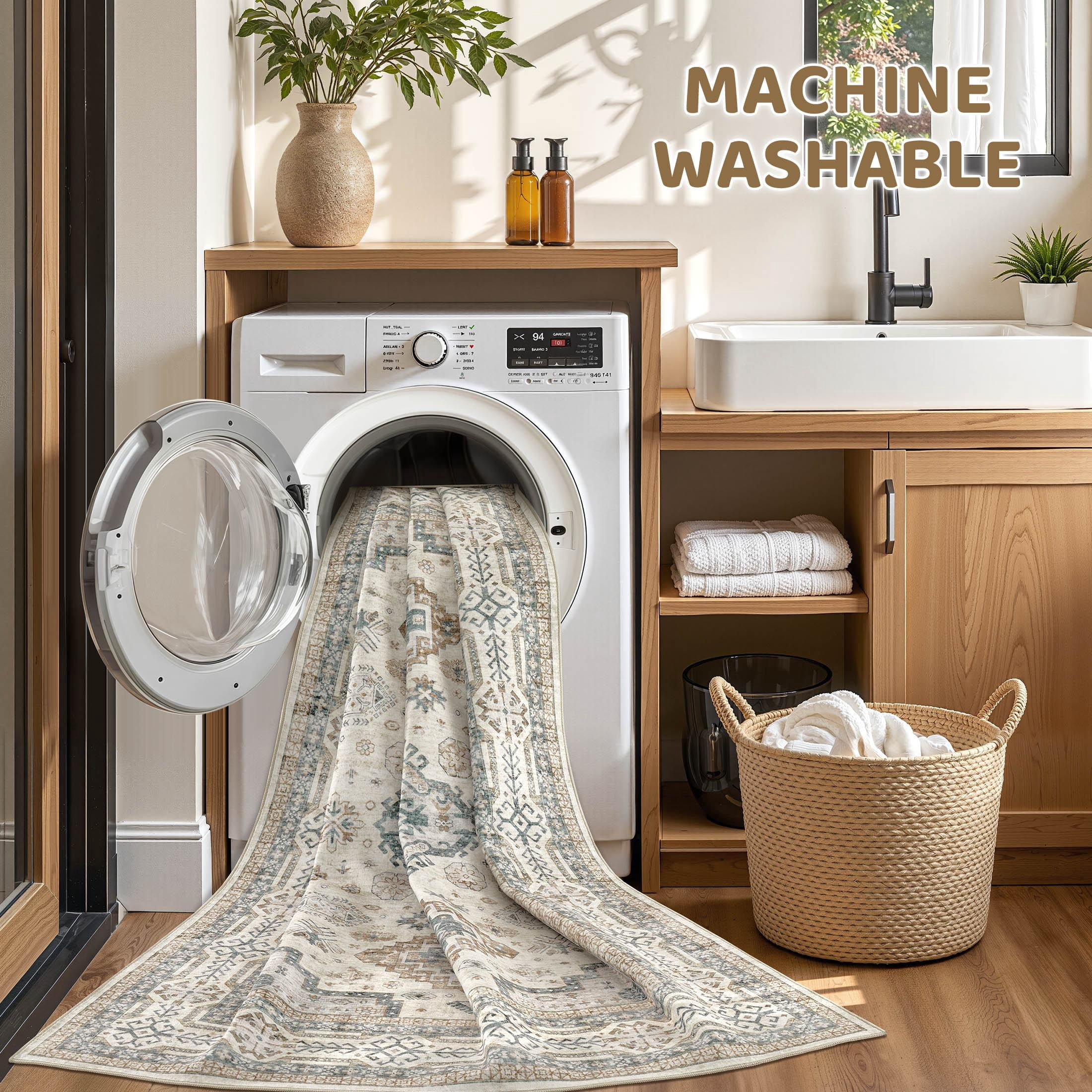 UERMEI 9'x12' Washable Area Rugs for Living Room, Modern and Vintage Non Slip Carpet, Low Pile Indoor Rug for Bedroom Home Decor Carpets, Beige Green