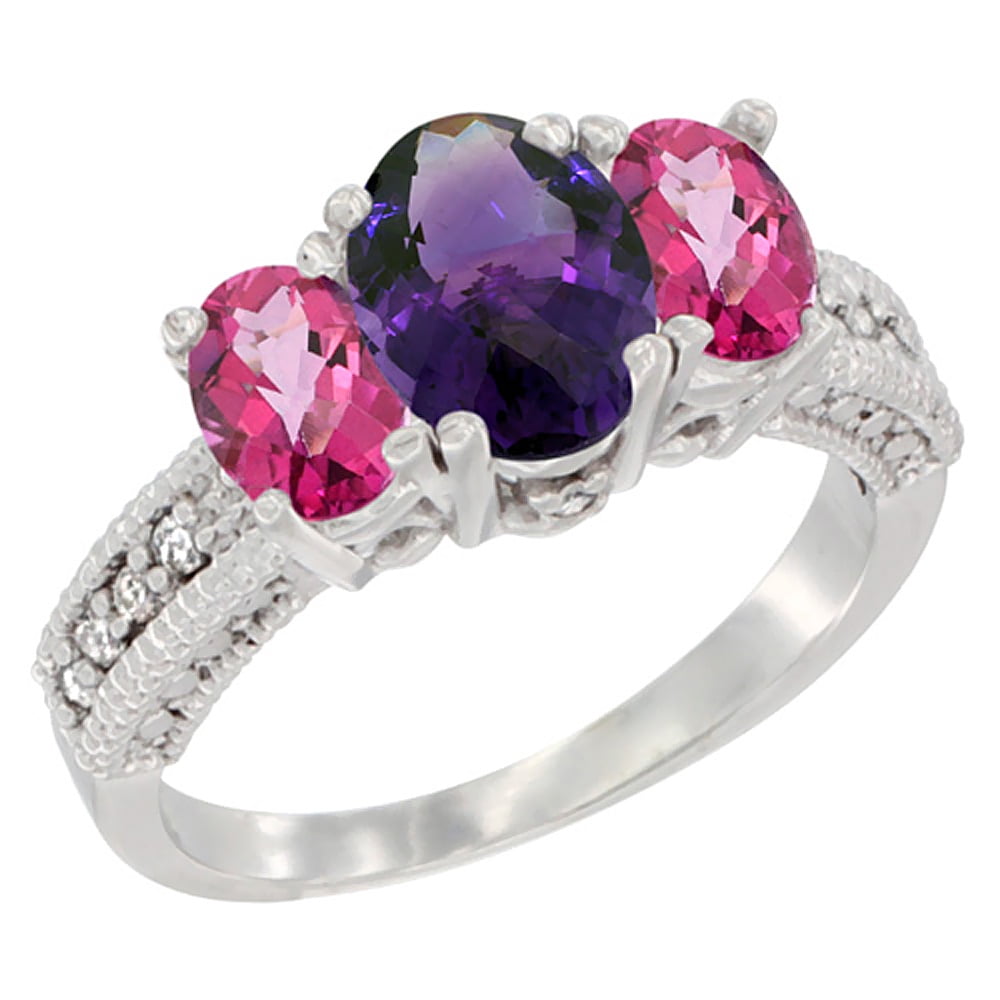 10K White Gold Diamond Natural Amethyst Ring Oval 3-stone with Pink Topaz, sizes 5 10 by WorldJewels