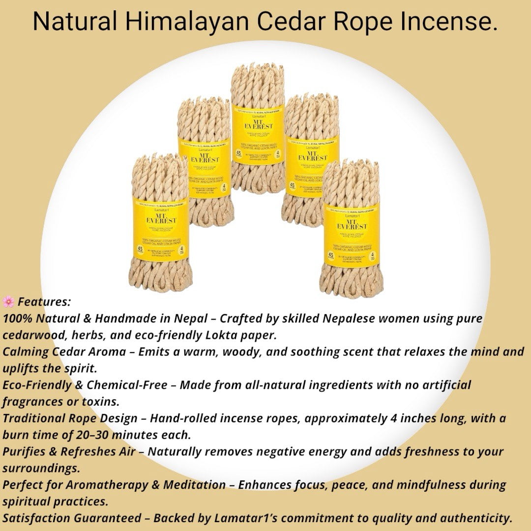 Natural Himalayan Cedar Rope Incense Set of 6 – Handmade in Nepal, 4 Inches Long, 45 Ropes per Bundle Pure Cedarwood Aroma for Relaxation, Meditation & Home Fragrance