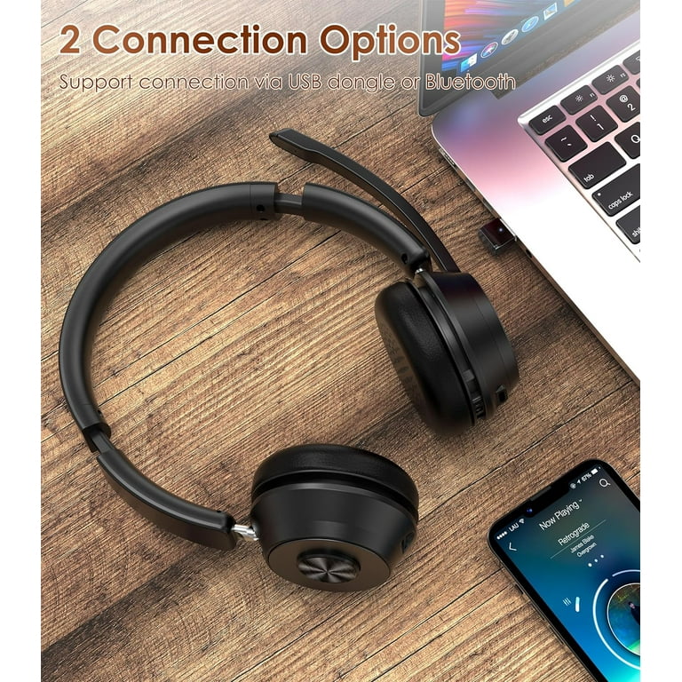 Bluetooth Headset V5.1, Wireless Headset with Noise Canceling Microphone,  40 Hrs Work Time Office Headset with Bluetooth Dongle & Charging Base, AptX 