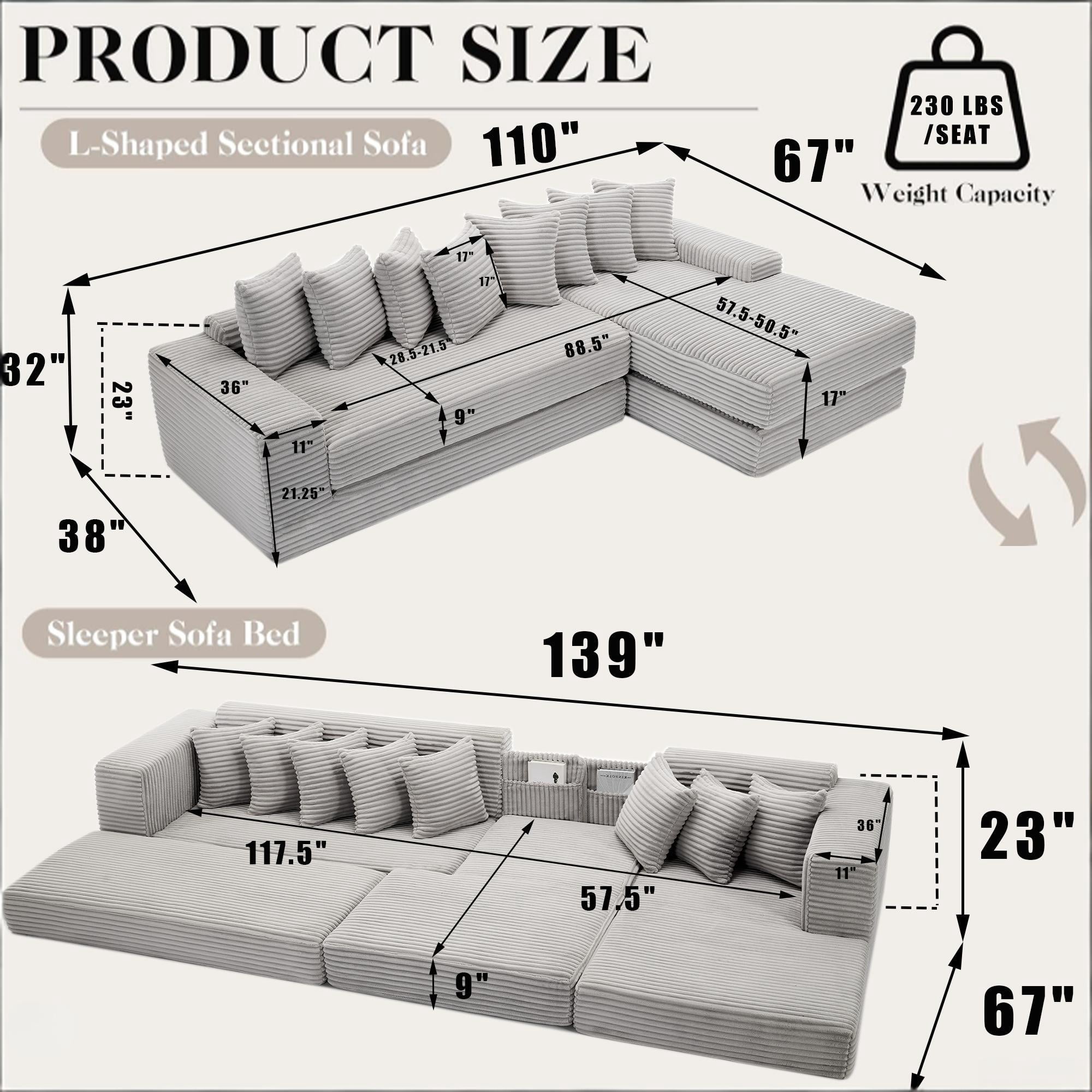 Howcool Modern L-Shaped Sectional Sleeper Sofa Oversized Cloud Couch 3-in-1 Convertible Floor Bed Corduroy with 8 Pillows