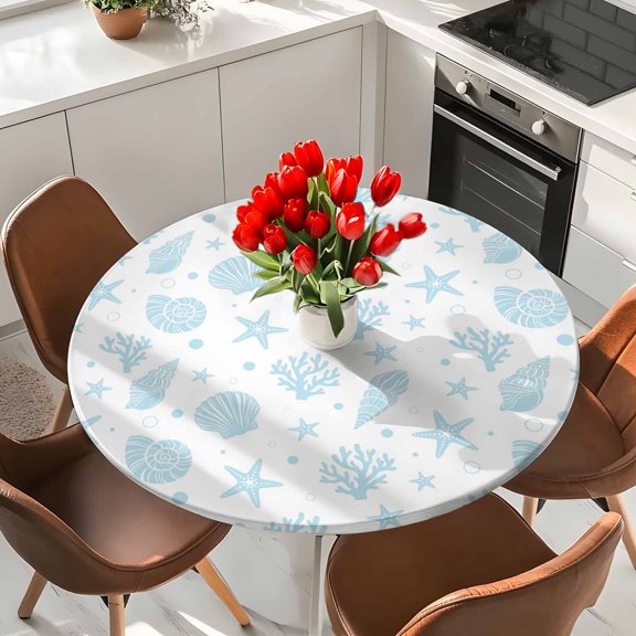 Summer Tropical Coastal Elastic Fitted Round Tablecloth Nautical Blue Starfish Shell Coral Waterproof Outdoor Table Cover for Holiday Party, Picnic, Patio & Dining Fits Tables Up to 36"-44"