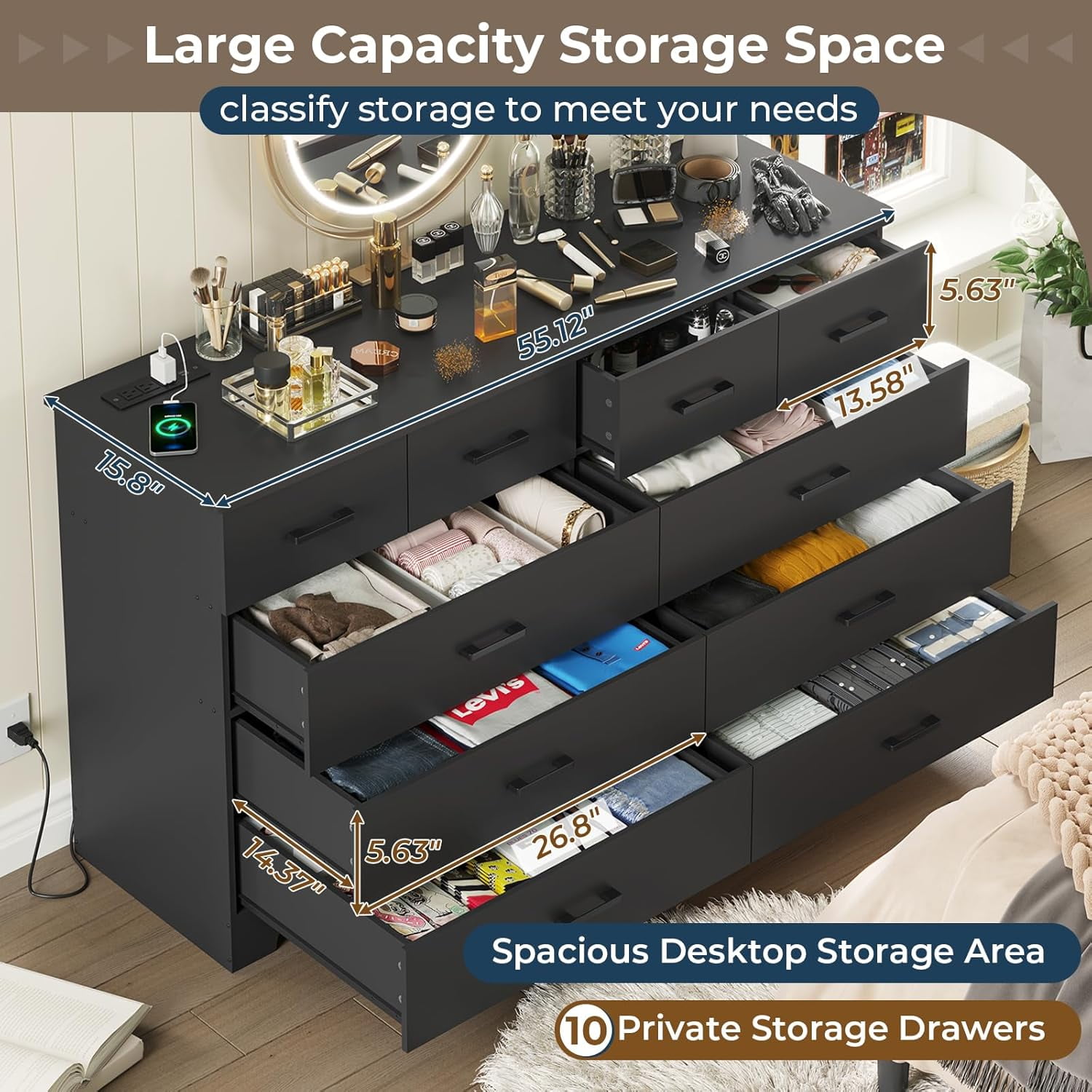 10 Drawers Dresser for Bedroom with Charging Station, Modern Long Chest of Drawers Storage Organizer, 55.1'' Wide Black Dresser TV Stand for Living Room