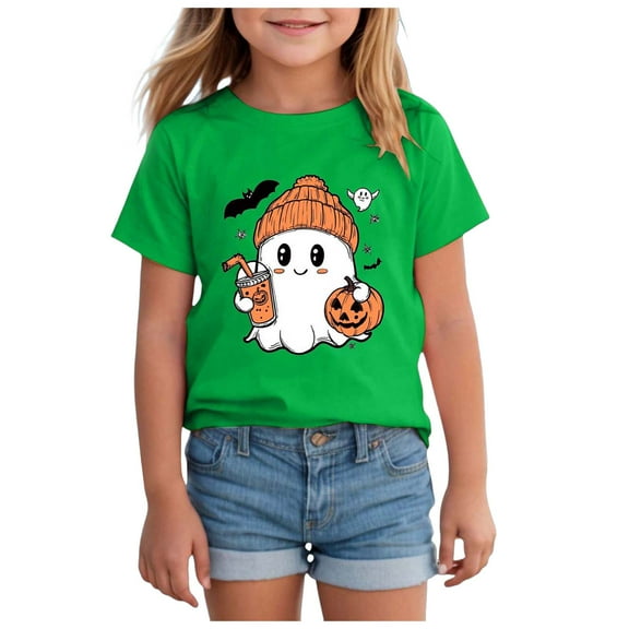 Staki Girls Halloween Shirts Girl Halloween Shirt Tshirt Short Sleeve Tee Top Kids Season Fall Outfit(Green,13-14 Years)