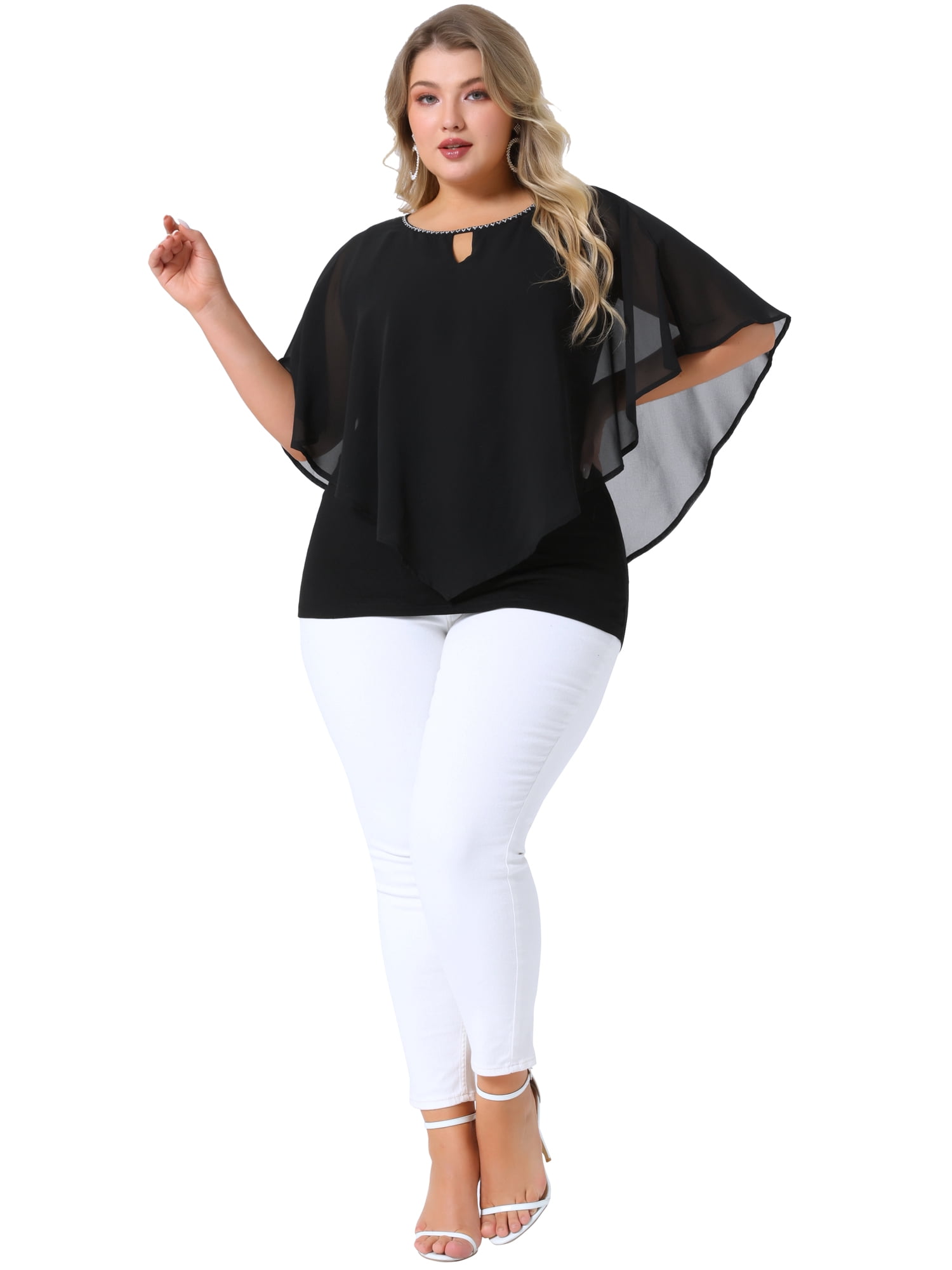 DARING DIVA Women's Plus Keyhole Round Neck Cape Sleeve Chiffon Blouse 3X Black