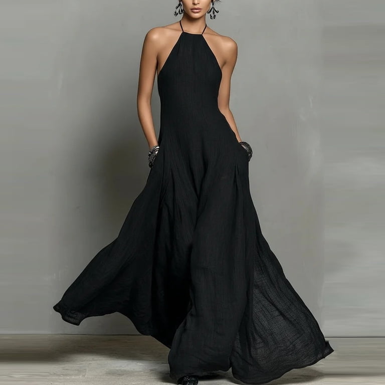 black sleeveless maxi dress casual Chicall Maxi Dresses for Women Summer V Neck Sleeveless Flowy Dress Casual A-Line Ruffle Trims Wrap Style Long Dress Black M