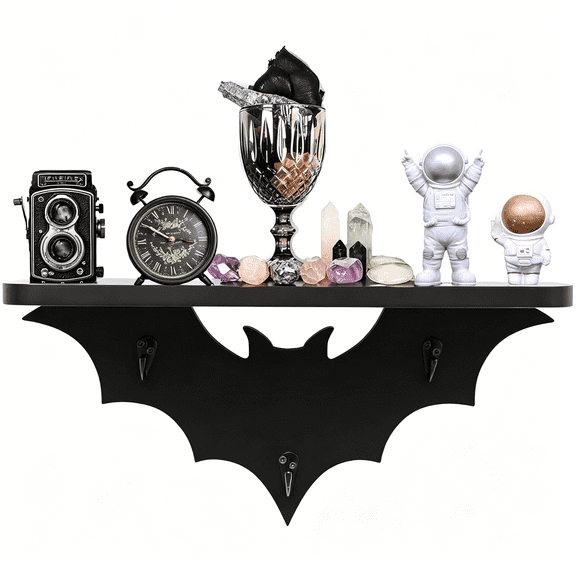 XIBUFE Bat Shelf Floating Shelves for Wall,15.5 Inch Wall Shelf with 3 Key Hooks,Black Shelves for Living Room Bedroom Kitchen
