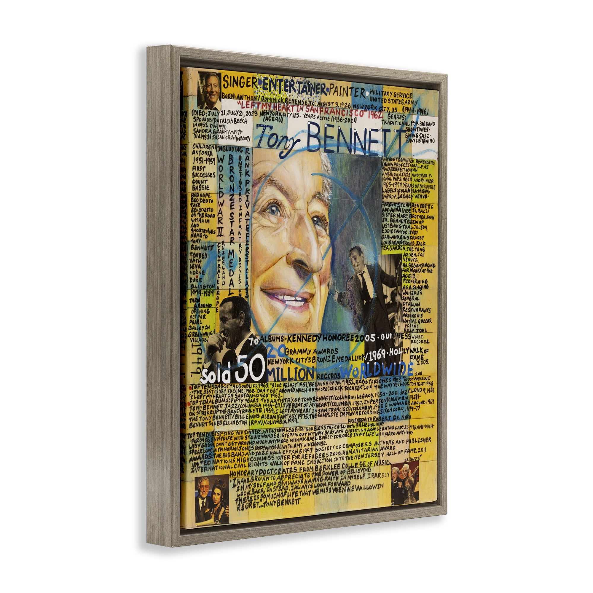 Stupell Industries Tony Bennett Collage People Drawing Brown Floater Framed Canvas Art Print Wall Art, 17 x 21
