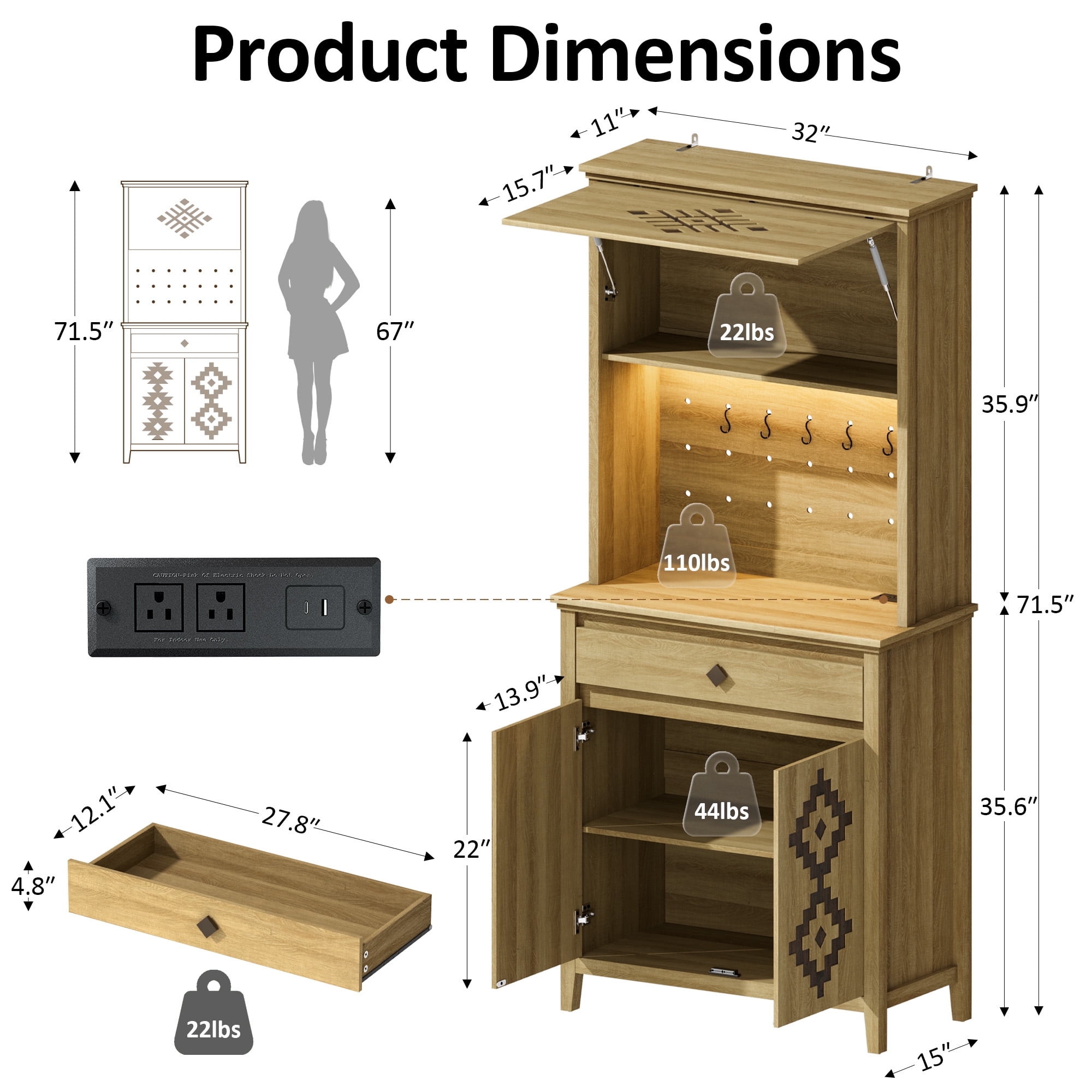 Einhomn 72" Tall Farmhouse Kitchen Pantry Cabinet with Charging Station & LED Light, Flip up Door & Adjustable Shelves,Natural