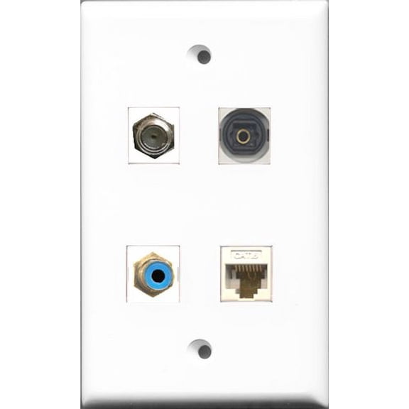 RiteAV 1 Port RCA Blue and 1 Port Coax Cable TV- F-Type and 1 Port Toslink and 1 Port Cat6 Ethernet White Wall Plate