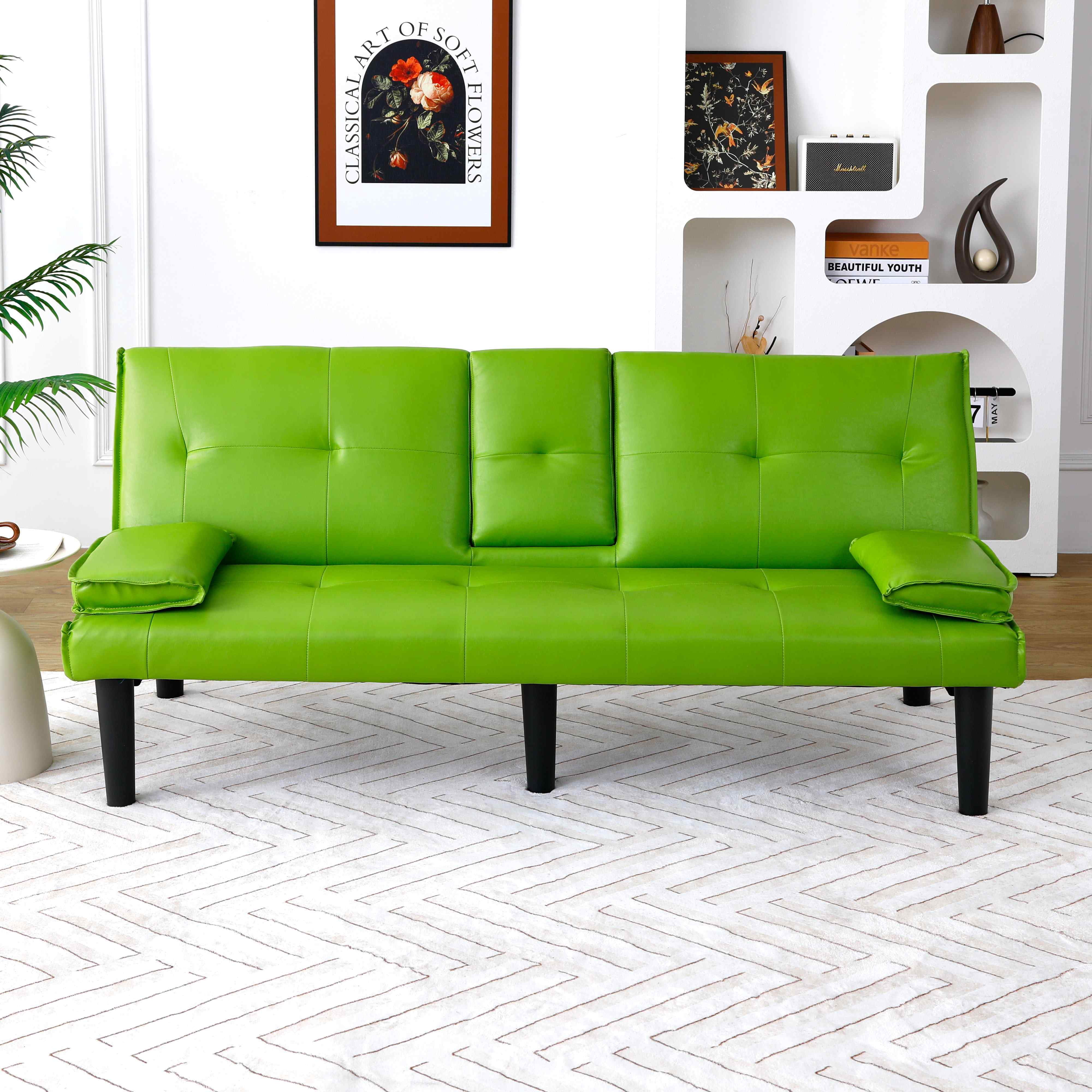 FFH 67" Futon Sofa Bed Loveseat Sleeper with Cup Holders, Folding PVC Couch for Living Room, Green
