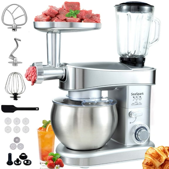 5-in-1 Stand Mixer, 6.3 QT Stainless Steel Bowl, 1.5L Blender, 400W Electric Mixer, Juicer, Meat grinder, 6 Speed, Silvery