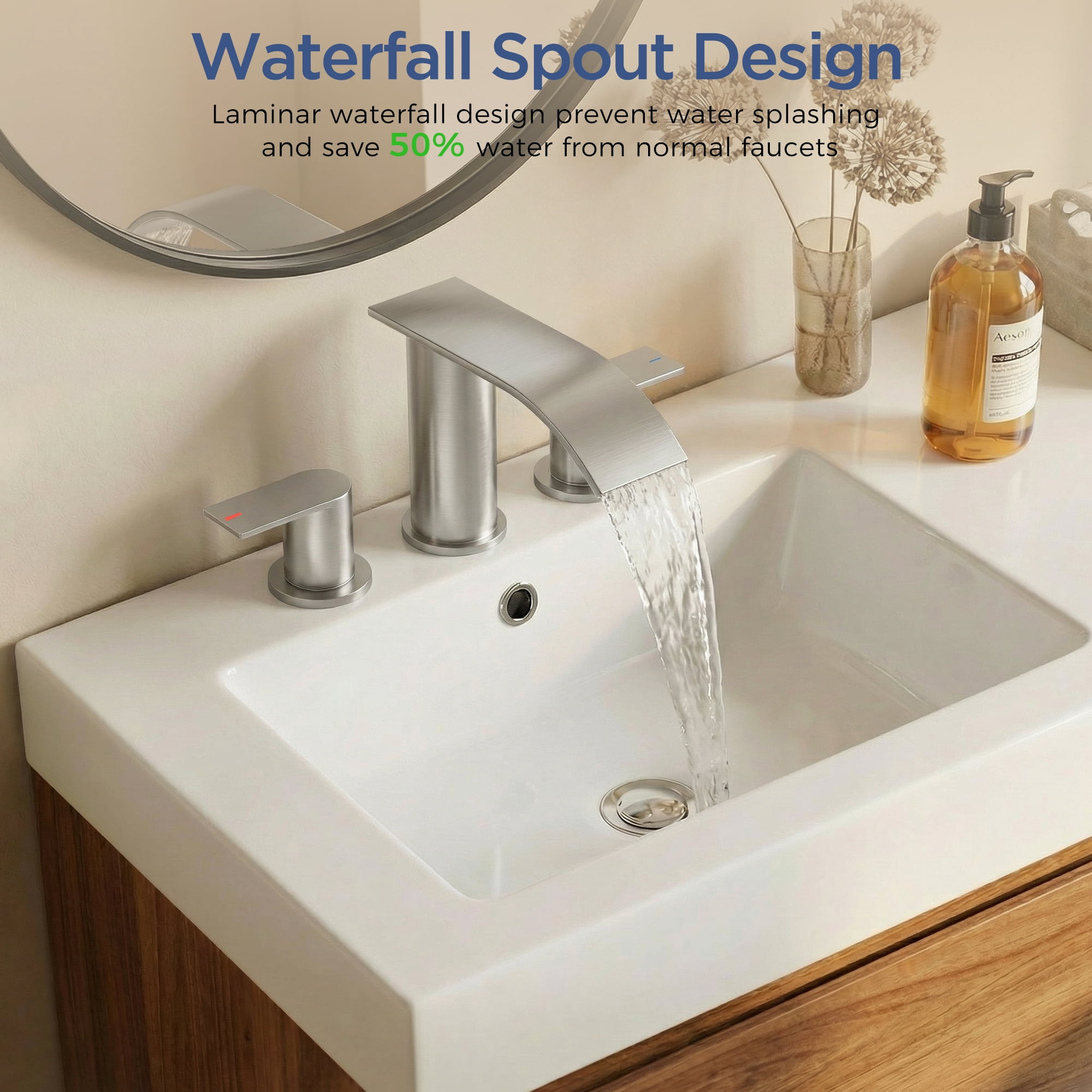 TVOFEK 8 inch Waterfall Bathroom Faucet 3 Hole, Brushed Nickel Widespread Bathroom Water Faucets with Metal Pop-up Drain and Supply Lines for Vanity Farmhouse