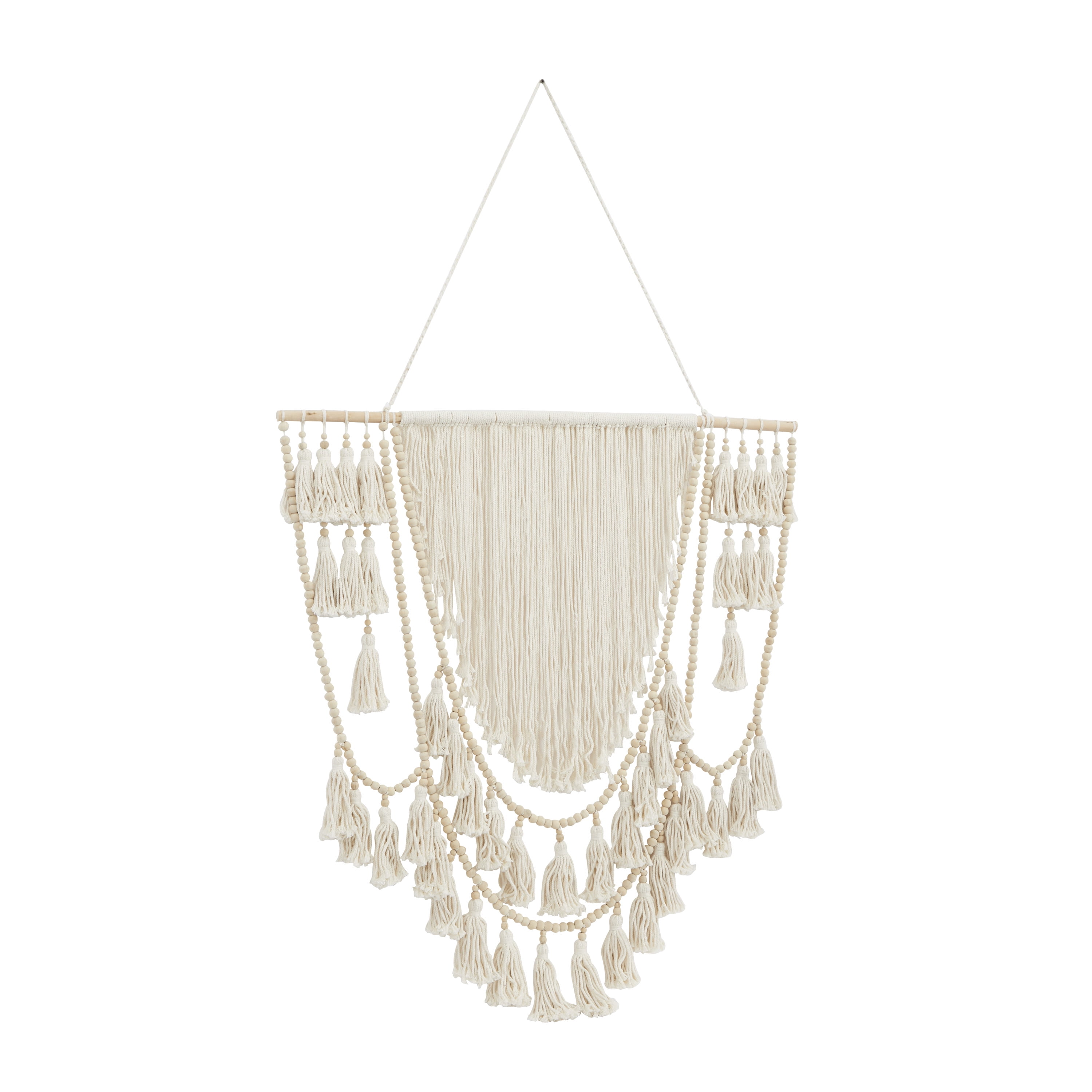 DecMode White Cotton Handmade Intricately Weaved Macrame Wall Decor with Beaded Fringe Tassels