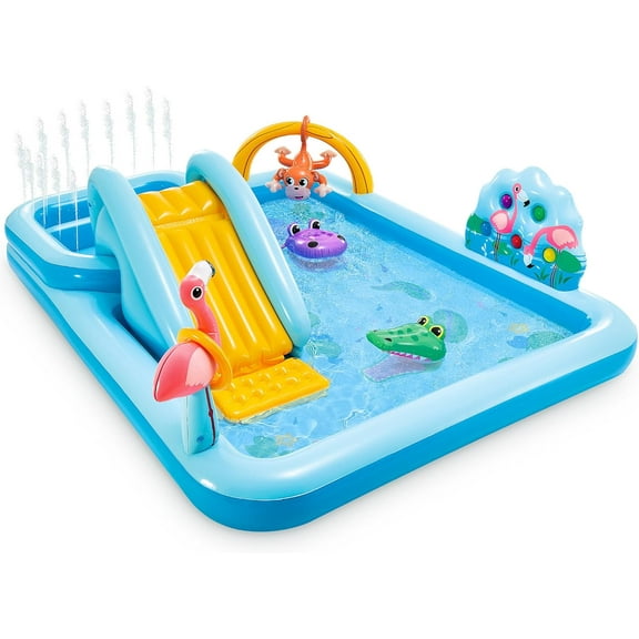 96" x 78" x 28" Inflatable Jungle Adventure Play Center Spray Kiddie Pool - Backyard Kids Water Slide, Outdoor Blow-Up Splash Pad for Toddlers
