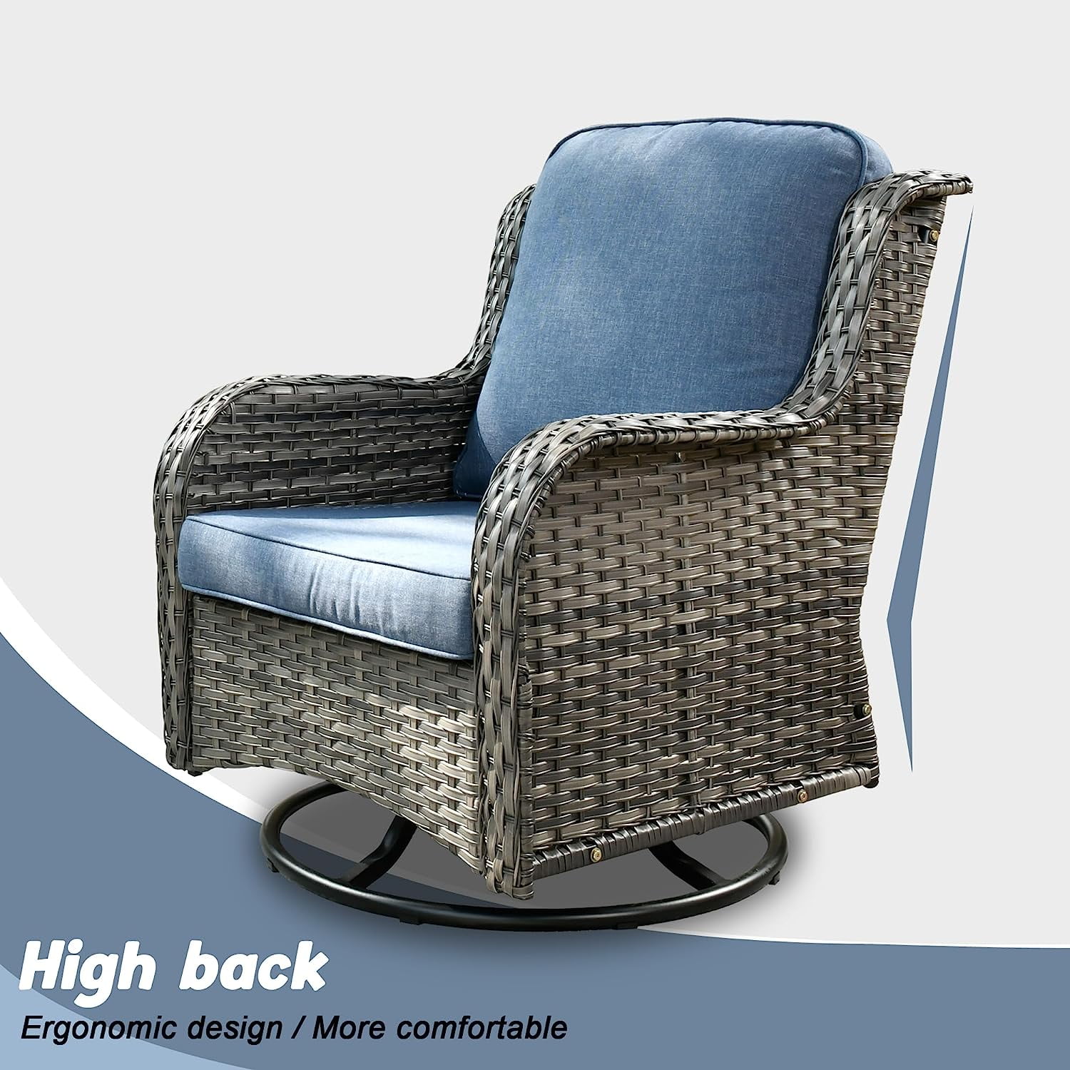 XIZZI Outdoor Patio Wicker Swivel Rocker Set,3-Piece Rocking Chair Bistro Set with Denim Blue Cushions and Coffee Table,Grey Wicker