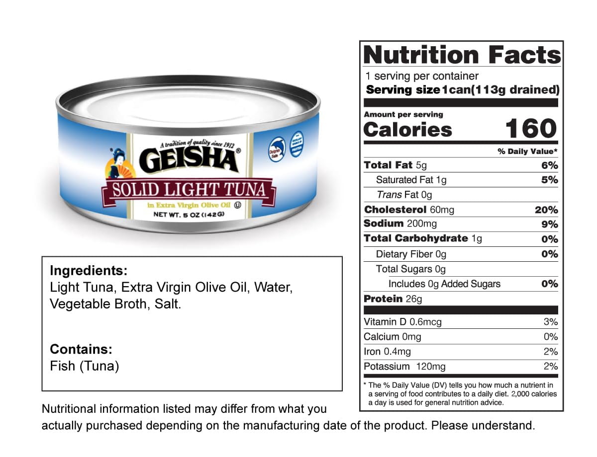 GEISHA Solid Light Tuna in Extra Virgin Olive Oil 5.00oz(Pack of 12), Tuna | Zero Trans Fat - No Sugar Added – Excellent Source of Protein(52% DV per serving) – Dolphin Safe – Extra Virgin Olive Oil