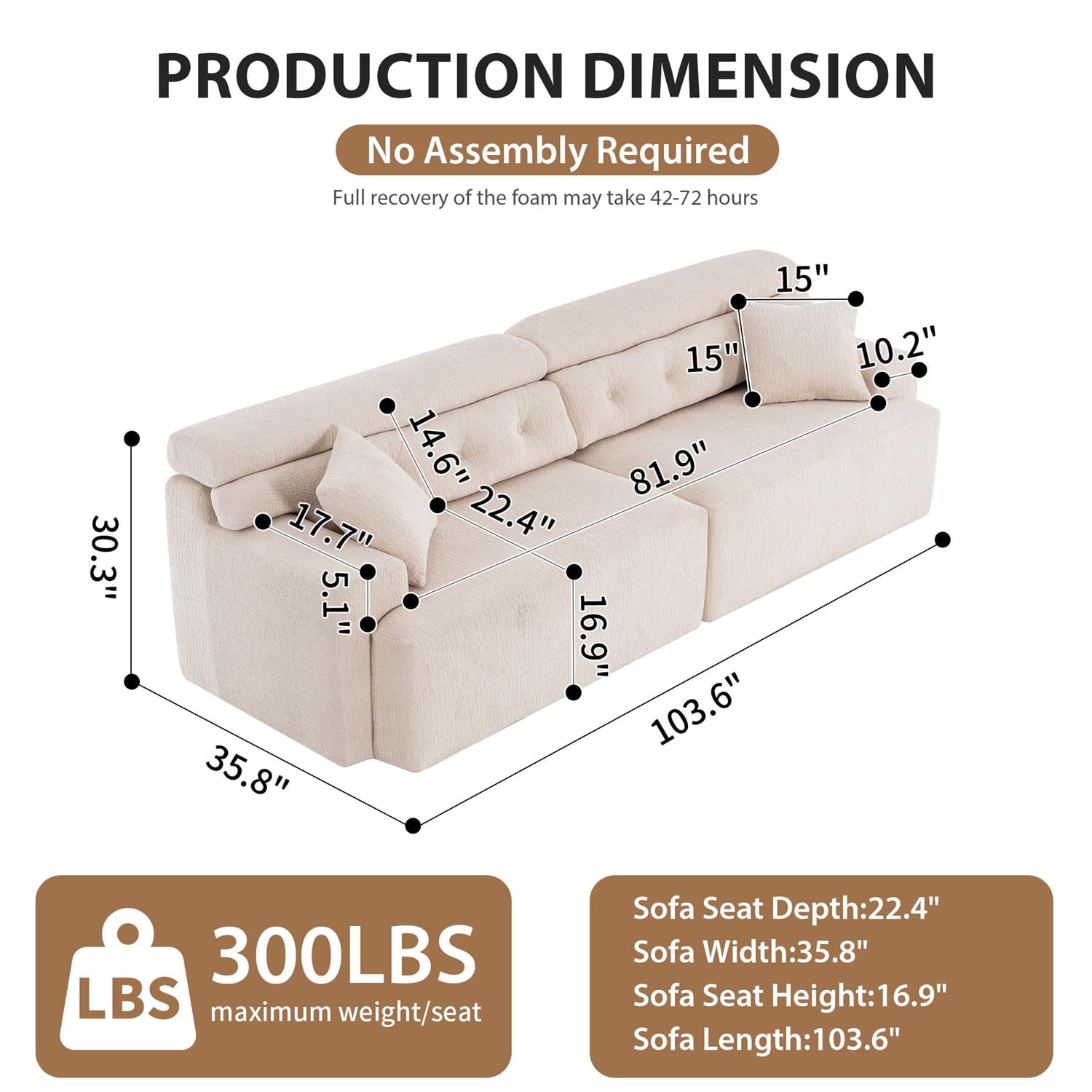 Demi Bonn 103" 4-Seater Compression Sofa Couch with Wood Grain Chenille Fabric, Full Sponge Cushion and 2 Cozy Pillows for Living Room, Beige