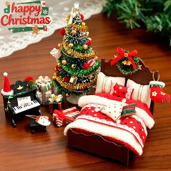 Strafriture Wooden Christmas Miniature Furniture Set DIY Holiday Decor with Bed Tree Piano and Gifts