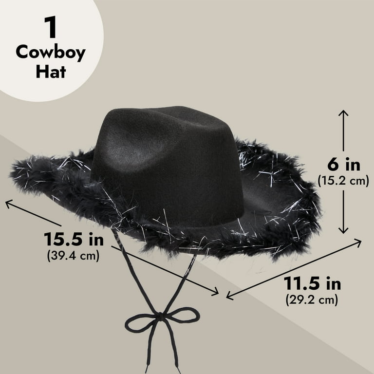Juvolicious Womens Cowboy Hat - Cute, Fluffy, Sparkly Cowgirl Hat with Feathers for Halloween, Birthday, Bachelorette Party (Black)