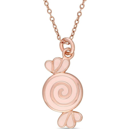 Cutie Pie Pink Rhodium-Plated Sterling Silver Kids' Candy Pendant with Pink Enamel, 14 with 2 Extension