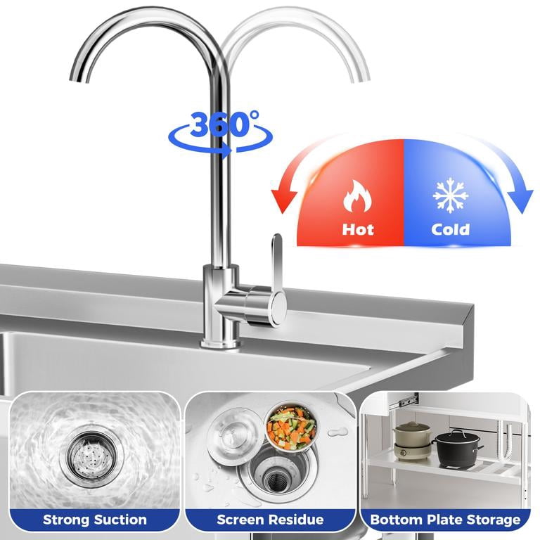 Dapmiu 39.37" Freestanding Stainless Steel Utility Sink with Drawer & Bottom Shelf, Commercial Kitchen Sink with Faucet