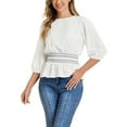 thumbnail image 2 of INSPIRE CHIC Women's Peplum Tops Puff Half Sleeve Smocked Waist Blouse L Beige, 2 of 6