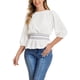 thumbnail image 2 of Blusa de mujer con peplum de la edición INSPIRE CHIC, mangas cortas abullonadas y cintura fruncida, color blanco, 2 of 6