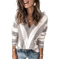 thumbnail image 2 of Suéter De Mujer Cuello En V Manga Larga Moda Transpirable Hueco Jersey Rayas Suéter Femenino Gris Claro S, 2 of 6