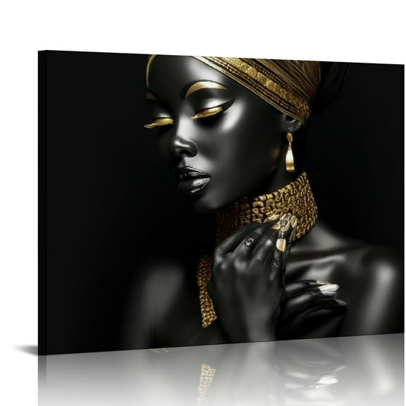 COMIO African American Wall Art Canvas Black Woman Queen Portrait Photography with Gold Accents Earring Bracelet Wall Art Poster Modern Art Decor Painting for Home Decorations(Unframed,16x12 inches)