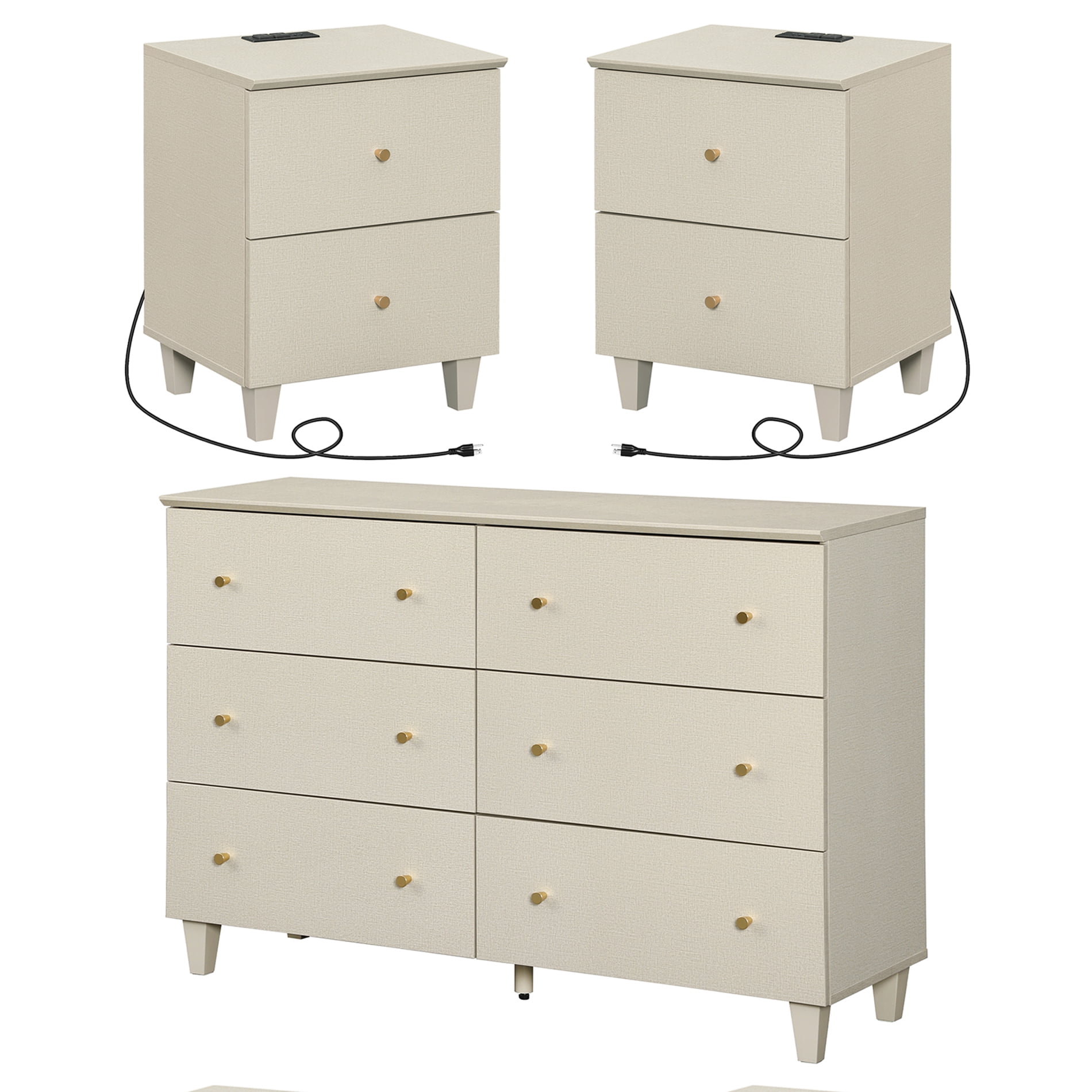 WAMPAT Dresser and Nightstands Set of 3, Wood Dresser with 6 Drawers, 2 Pieces Nightstands with Charging Stations for Living Room, Beige Linen Printed