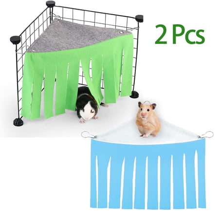 CHBORLESS 2 Pce Guinea Pig Hideout Hideaway Small Animal Corner Fleece Cage Accessories with Reversible Sides (Green Blue)