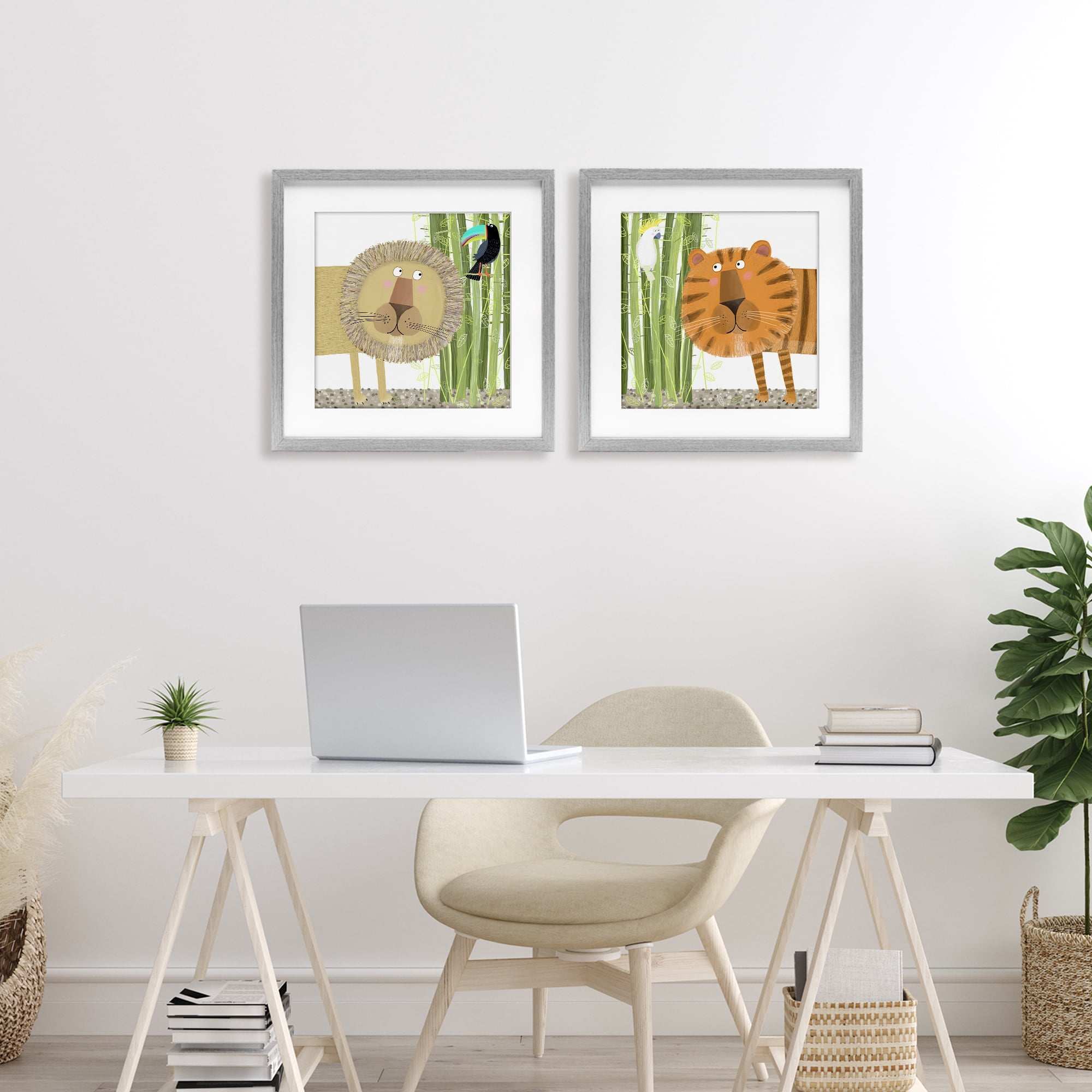 Stupell Industries Bamboo Trees & Animals 2 Piece Gray Framed Print Under Glass Set, design by Carla Daly